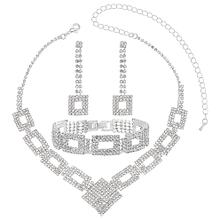 Silver 1 Bag Rhombus & Square Crystal Rhinestone Stud Earrings & Chain Necklaces & Bracelets, Alloy Jewelry Set for Women, Silver, 325mm