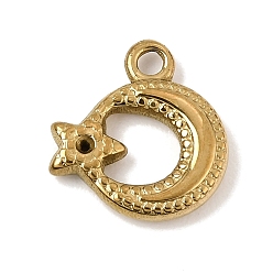 Chapado en Oro Real 18K 304 encantos de acero inoxidable, Luna con encantos de estrellas, revestimiento de iones (ip), real 18 k chapado en oro, 13.5x12.5x2.5 mm, agujero: 1.6 mm