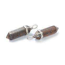 Bronzite Natural Bronzite Pendants, with Platinum Tone Brass Findings, Bullet, 39.5x12x11.5mm, Hole: 4.5x2.8mm
