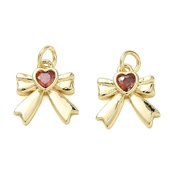 Orange Red Brass Micro Pave Orange Red Cubic Zirconia Charms, Bowknot with Heart Charms, Real 18K Gold Plated, 13x13x3mm, Hole: 3.5mm