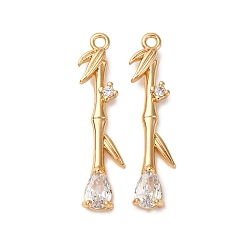 Настоящее золото 18K Латунные микропаве прозрачные подвески с фианитом, без кадмия, без никеля и без свинца, бамбук и капля, реальный 18 k позолоченный, 27.5x8x3.5 мм, отверстие : 1.4 мм