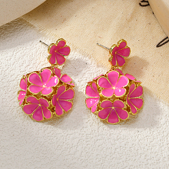 Deep Pink Zinc Alloy Enamel Stud Dangle Earrings for Women, Flower, Golden, Deep Pink, 38x24mm