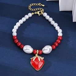 Настоящее золото 18K Браслеты с подвесками из прозрачного кубического циркония из клубничной латуни с микропаве, браслеты из пластиковых жемчужных бусин для женщин, с эмалью, без кадмия и без свинца, долговечный, стойки покрытие, реальный 18 k позолоченный, 7-5/8 дюйм (19.4 см)