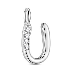 Platinum Rhodium Plated 925 Sterling Silver Charms, with Grade AAA Cubic Zirconia, For Bracelet Making, Letter U, Platinum, 10x7mm