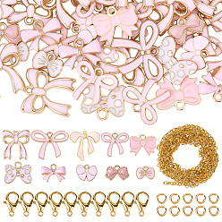 Pink Наборы для изготовления ожерелий своими руками, включая подвески из сплава с узором в виде бантика и эмалью., Железные соединительные колечки, железные цепи с латунным покрытием, Карабин-лобстер из цинкового сплава, розовые, 11~26.5x12~26x1~4 мм, отверстие : 1.4~3 мм