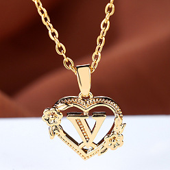Letter V Цепочка из латуни с подвеской в виде сердца в форме розы и буквы, золотые, Буква V, 17.72 дюйм (45 см)