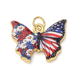 Marine Blue Printed Brass Pendants, Butterfly with American Flag Charms, Golden, Marine Blue, 14.5x18.5x4mm, Hole: 3mm