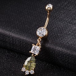 Светло-зеленый Коричневый Пирсинг украшения, кольцо пупка из экологически чистой латуни с фианитом, кольца живота, с 304 стержнем из нержавеющей стали, реальный 18 k позолоченный, слеза, оливковый, 48x9 мм, длина стержня: 3/8"(10мм), бар: 14 калибр (1.6 мм)
