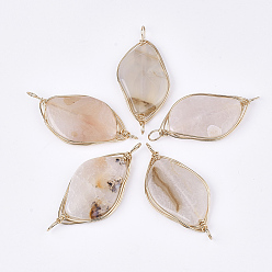 Персиковый Слойка Соединители с проволочной обмоткой из натурального агата, с железной проволокой, окрашенные, овальные, золотые, розовые, 45~60x20~30x5~8 мм, отверстие : 4 мм