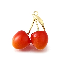 Настоящее золото 18K Латунь с акриловыми подвесками, черри прелести, реальный 18 k позолоченный, 34x31.5x15 мм, отверстие : 2.5 мм