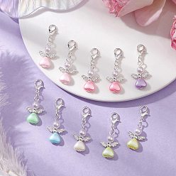 (52) Непрозрачная лаванда Подвеска в форме сердца ангела из АБС-пластика и акрила с имитацией жемчуга, с цинковым сплавом застежками омаров коготь, разноцветные, 35 мм