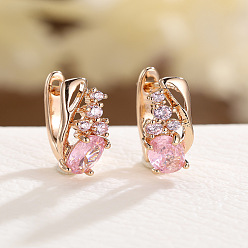 Pink Серьги-кольца из латуни со стразами в форме капли, розовое золото , розовые, 17x6 мм