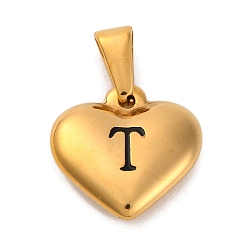 Letter T 304 подвески из нержавеющей стали, сердце с черной буквой, золотые, Письмо T, 16x16x4.5 мм, отверстие : 7x3 мм