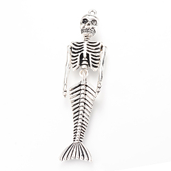 Античное Серебро Тибетский сплав стиля большие кулоны, Череп русалки, без кадмия и без свинца, античное серебро, 74x19x9 мм, отверстие : 2 мм