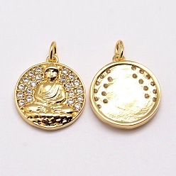 Real 18K Gold Plated Brass Pendants, Micro Pave Grade AAA Cubic Zirconia, Flat Round with Buddha, Cadmium Free & Nickel Free & Lead Free, Real 18K Gold Plated, 16x14x2.5mm, Hole: 2mm