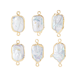 Seashell Color 6Pcs Electroplate Natural Baroque Pearl Keshi Pearl Rectangle Connector Charms, with Iron Findings, Light Gold, Seashell Color, 21.5~22.5x10~11x3.5~5.5mm, Hole: 1.8mm