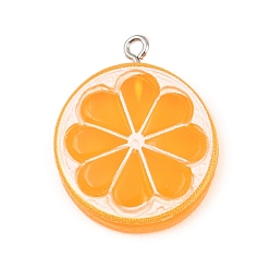 Naranja Colgantes de resina opaca imitación fruta, dije con forma de rodaja de naranja, con aros de hierro platino, rojo, naranja, 29x23.5x5.5 mm, agujero: 2 mm