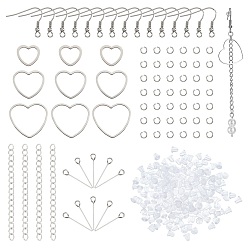 Stainless Steel Color DIY Heart Drop Earring Making Kit, Including 304 Stainless Steel Linking Ring & Earring Hook & Pin & End Chains & Jump Rings, Plastic Ear Nuts, Stainless Steel Color, Linking Rings: 30pcs/box
