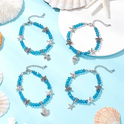 Темно-Голубой 4шт. браслеты из цинкового сплава серии Ocean, браслеты из стеклянных бусин для женщин, разнообразные, граненые, глубокое синее небо, 7-3/8 дюйм (18.6 см)