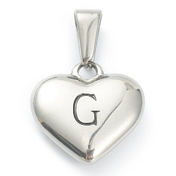 Letter G 304 Stainless Steel Pendants, Heart with Black Letter, Stainless Steel Color, Letter.G, 16x16x4.5mm, Hole: 7x3mm