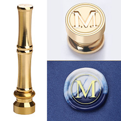 Letter M Golden Tone Brass Wax Seal Stamp Head with Bamboo Stick Shaped Handle, for Greeting Card Making, Letter M, 74.5x15mm