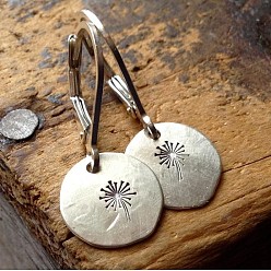 Antique Silver Alloy Leverback Earrings, Flat Round with Dandelion Pattern, Antique Silver, 39x11mm