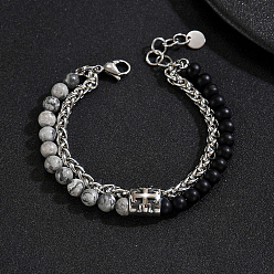 Map Stone Natural Map Stone and Frosted Obsidian Round Beaded 2-Strand Bracelets with 201 Stainless Steel Wheat Chains for Men Women, Stainless Steel Color, 9.06 inch(23cm)