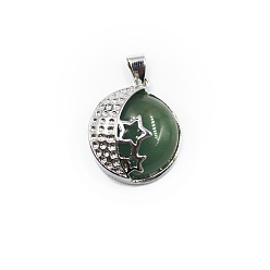 Зеленый Авантюрин Естественный зеленый авантюрин подвески, луна со звездными чарами, с фурнитурой сплавочной платины тон, 31x22 мм