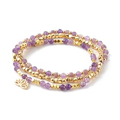 Amethyst Natural Amethyst & Lilac Jade Beaded Stretch Bracelets Sets, with Non-magnetic Synthetic Hematite & Brass Spacer Beads, Lotus, Golden, Inner Diameter: 2-1/4 inch(5.7cm), 3pcs/set