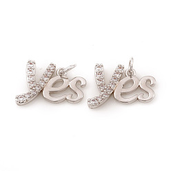 Real Platinum Plated Brass Micro Pave Cubic Zirconia Charms, with Jump Ring, Word Yes, Real Platinum Plated, 11x13x2mm, Hole: 2.5mm