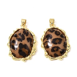Oval Кулоны из латуни и смолы с леопардовым принтом, без кадмия и без свинца, долговечный, стойки покрытие, реальный 18 k позолоченный, овальный шарм, 28.5x21.5x7 мм, отверстие : 5x3.5 мм