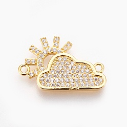 Real 18K Gold Plated Brass Micro Pave Cubic Zirconia Links, Lead Free & Cadmium Free & Nickel Free, Long-Lasting Plated, Cloud with Sun, Clear, Real 18K Gold Plated, 14x21x2mm, Hole: 1mm