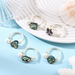 Silver Eco-Friendly Copper Wire with Natural Abalone Shell/Paua Shell Finger Rings, Round, Electroplated Shell Pearl Rings for Women, Silver, 8.5~10.5mm, US Size 7 1/4(17.5mm)