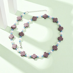 Cross Dyed Natural Lava Rock & Round Synthetic Turquoise & Imitation Pearl Beaded Necklaces, with 304 Stainless Steel End Chains, Stainless Steel Color, Rosy Brown, Cross, 19.37 inch(49.2cm)