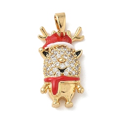 Олень Рождественские латунные подвески с микропаве из фианита, с эмалью, золотые, олень, 21x12x5.5 мм, отверстие : 5x3 мм