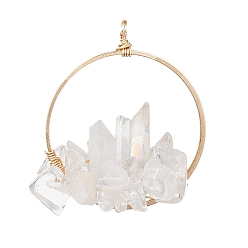 Хрусталь Природного кварца хрустальных подвесок, подвески из горного хрусталя, Подвески-самородки с латунными соединительными кольцами, золотой свет, 36~38x30x16~20 мм, отверстие : 2.2 мм