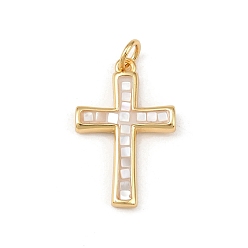 Белый Латунь эмаль подвески, крестик, с ракушкой и прыжковым кольцом, без свинца и без кадмия, долговечный, стойки покрытие, реальный 18 k позолоченный, белые, 22.5x14.5x2.5 мм, отверстие : 3 мм