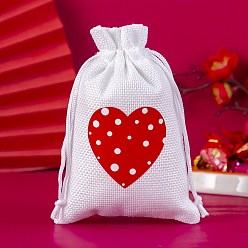 Red Burlap Heart Print Packing Pouches, Drawstring Bags, for Presents, Valentine's Day Party Favor Gift Bags, Rectangle, Red, 15x10cm