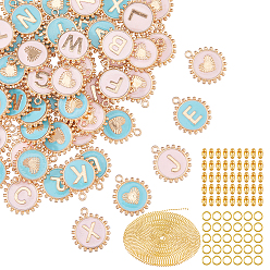 (52) Непрозрачная лаванда 2сумки 2цветные сплавы эмалевые подвески, плоский круглый с буквой a~z подвеска, с 3m латунными шариковыми цепями и 60pcs латунными шариковыми соединителями и открытыми соединительными кольцами, разноцветные, 17x15x2.5 мм, отверстие : 1.5 мм