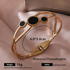 Flat Round 304 Stainless Steel Black Enamel Hinged Cuff Bangles for Women, Golden, Flat Round, Inner Diameter: 2.36 inch(6cm)