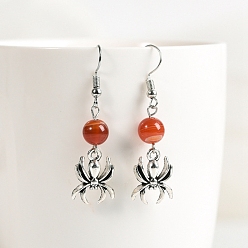 Красный Агат Природные сердолик болтаться серьги, ювелирные изделия из сплава в виде паука на Хэллоуин для женщин, 46x8 мм