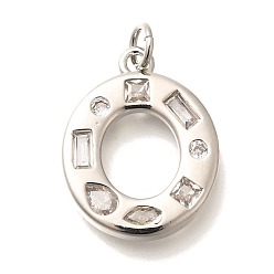 Letter O Латунные микропаве прозрачные подвески с фианитом, с целью перехода в кольце, без свинца и без кадмия, долговечный, стойки покрытие, письмо амулеты, платина, Письмо O, 20x16x2.7 мм, Перейти кольцо: 5x1 мм, 3 mm внутреннего диаметра.