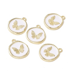 Белый Подвески из эмали и сплава, золотой свет, плоские круглые с бабочкой, белые, 21x18x2 мм, отверстие : 1.7 мм