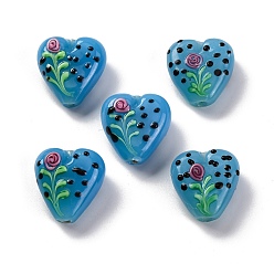 Темно-Голубой Бусины лэмпворк , Сердце со цветками , глубокое синее небо, 18.5x18x8.5 мм, отверстие : 2.5 мм