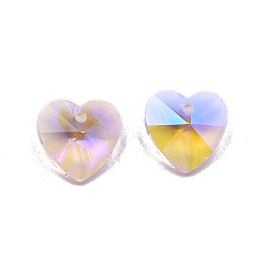 Pink Pointed Back Electroplate Faceted Glass Pendants, Heart, Pink, 14x14x7mm, Hole: 1.6mm