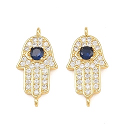 Real 18K Gold Plated Brass Micro Pave Marine Blue Cubic Zirconia Connector Charms, Hamsa Hand Links, Rack Plating, Long-Lasting Plated, Cadmium Free & Lead Free, Real 18K Gold Plated, 24x12x3.5mm, Hole: 1.2mm