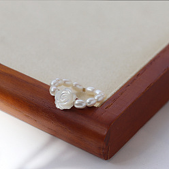 Белый Кольца для женщин с цветочным жемчугом и натуральным пресноводным жемчугом и бусинами из риса, белые, 15~16 мм