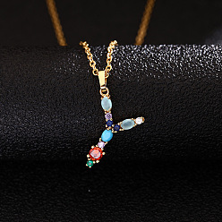 Letter Y Ожерелья с подвесками-инициалами из латуни и разноцветными кубическими цирконами для женщин, золотые, Письмо Y, 19.69 дюйм (50 см)