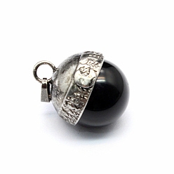 Обсидиан Природные подвески обсидиана, круглые подвески с металлической фурнитурой, античное серебро, 27x20 мм