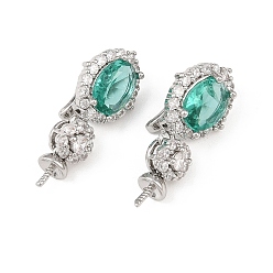 Платина Латунные овальные застежки с кубическим цирконием, с колышками, за половину пробурено бисера, платина, 25x11 мм